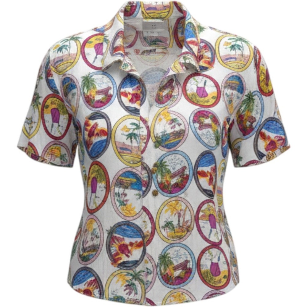 Sunburst Kiss Womens Large Tropical Postcard Print Rayon Button Down Crop Shirt